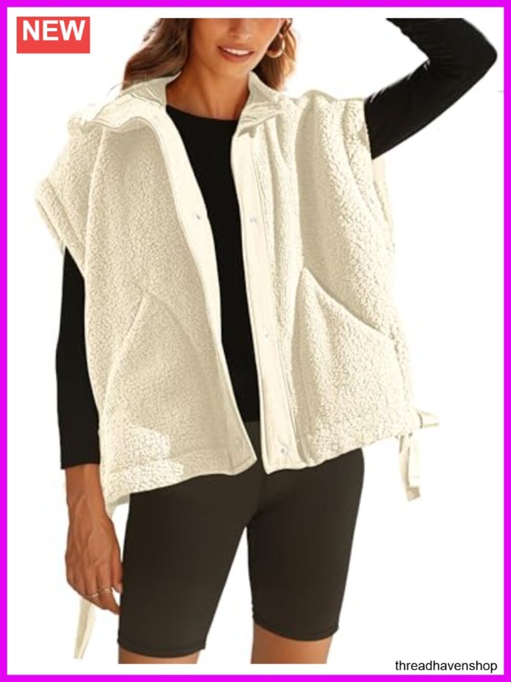 Women's Faux Fur Vest Fuzzy Oversized Sleeveless Jacket Snap Button Gilet